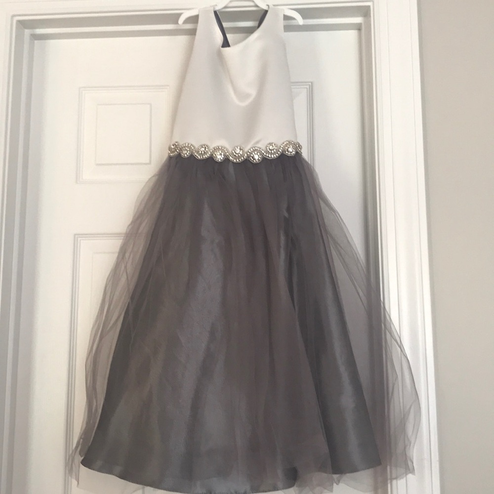 Ivory and charcoal gray tulle formal gown